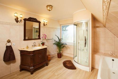 uma casa de banho com um lavatório, um chuveiro e um espelho. em Ferienhaus De Luxe em Seevetal