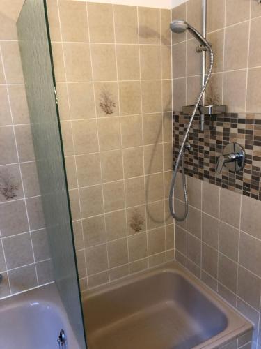 a bathroom with a shower with a sink and a tub at Ferienwohnung "am Ochsentor" in Andernach