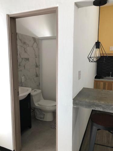 La salle de bains est pourvue de toilettes et d'un lavabo. dans l'établissement Casa Maye, à Oaxaca