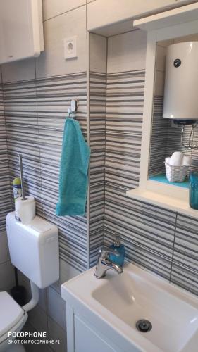 a bathroom with a sink and a toilet and a mirror at SMARAGD RIVER near Rastoke & Plitvice Lakes in Slunj
