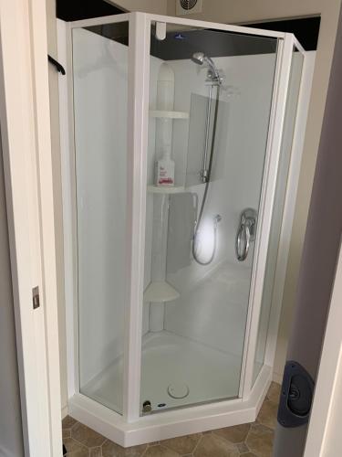 y baño con ducha y puerta de cristal. en Blair Athol Accommodation, en Balclutha