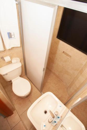 a bathroom with a white toilet and a sink at Hotel Lira - Sólo Adultos in Mexico City