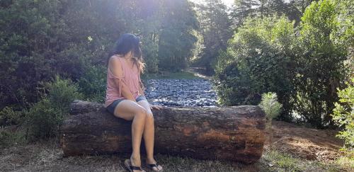 a woman is sitting on a log by a river at Paraíso Liumalla Lodge in Villarrica