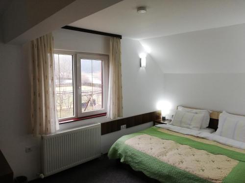 1 dormitorio con cama y ventana en Pensiunea Veronica, en Câmpulung Moldovenesc