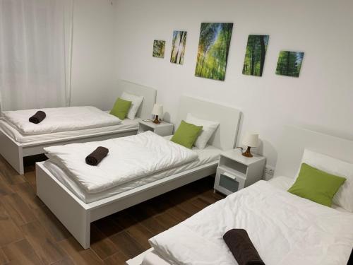 drie bedden in een kamer met groen en wit bij Lili Motel in Sajószentpéter