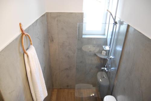 a bathroom with a shower and a sink at Galini Rooms & Apartments in Finikas