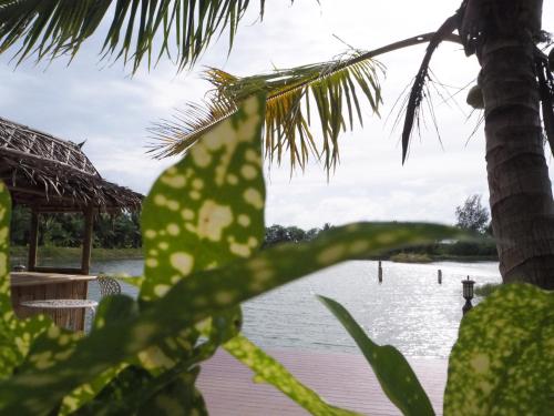 a view of a body of water with a palm tree at Pru Valley Thaley Tai Resort in Ban Don Phlap (1)