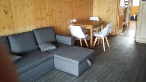 un salon avec un canapé et une table dans l'établissement les cimes le bouyssou, à Laguiole