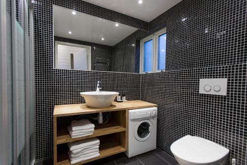 een badkamer met een wastafel en een wasmachine bij Hölick Havsresort & spa in Hudiksvall