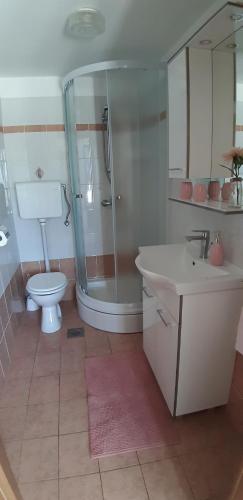 a bathroom with a shower and a toilet and a sink at Apartmani Ana in Cres