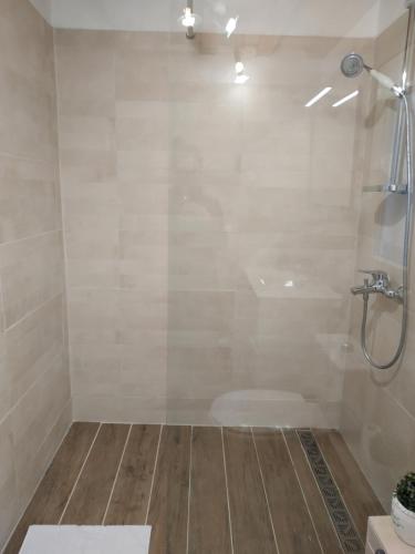 ein Badezimmer mit einer Dusche und Holzboden in der Unterkunft Chambres d'Hôtes Saint Vérédème in Pujaut