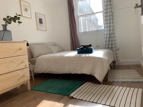 Schlafzimmer mit einem Bett, einem Fenster und einem Teppich in der Unterkunft GRANBY APARTMENTS F-2 in Leicester