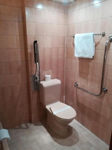 a bathroom with a toilet and a shower with a phone at Hôtel des Trois Rois in Le Locle