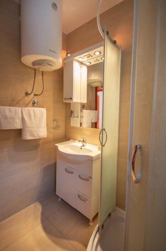 a small bathroom with a sink and a shower at Apartment San Marco in Risan