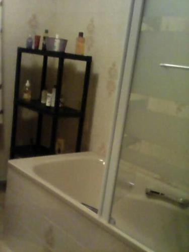 La salle de bains est pourvue d'une douche et d'une baignoire avec une porte en verre. dans l'établissement La maison des vendangeurs, à Trausse