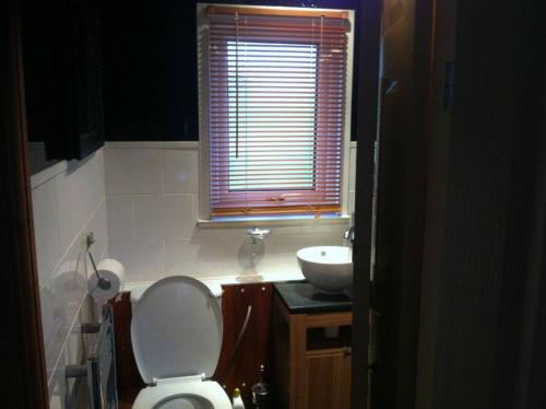 a bathroom with a toilet and a sink and a window at Glangwna Holiday Park in Caernarfon