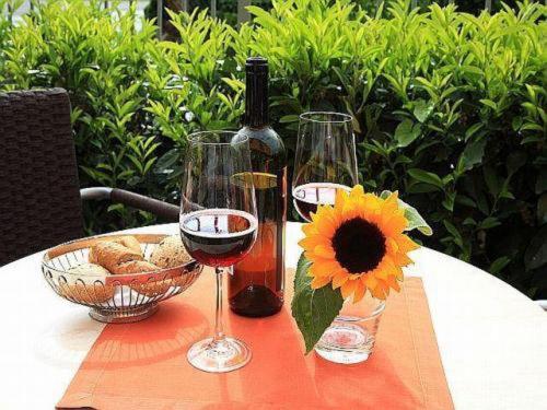 a table with two wine glasses and a bottle of wine at Das smarte Hotel garni in Höchst