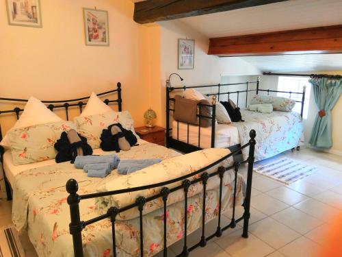 Un dormitorio con dos camas en una habitación. en Le Petit Chateau, en Ginoles