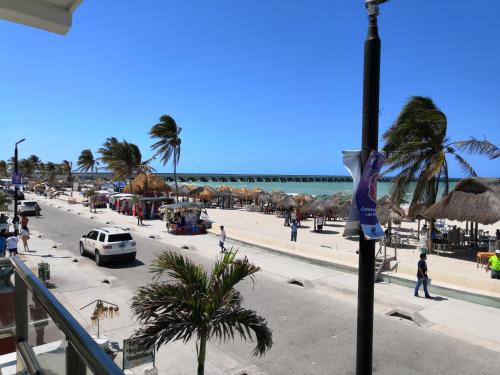 a view of a beach with palm trees and a street at Playa Linda Hotel in Progreso