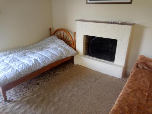 - une chambre avec un lit et une cheminée dans l'établissement Vangelis House near Athens Airport, à Artemi
