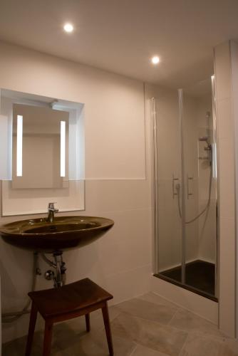 a bathroom with a sink and a shower at Apartment FreiRaum in Innsbruck