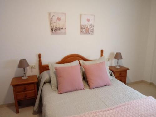 1 dormitorio con 1 cama con 2 almohadas rosas en Edificio SATI 1 A, en Santa Cruz de la Palma