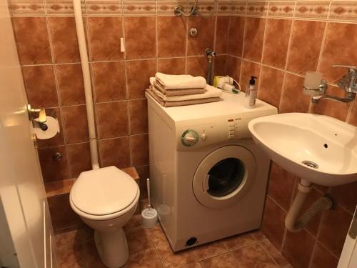 łazienka z pralką i umywalką w obiekcie Studio Nina w Nowym Sadzie