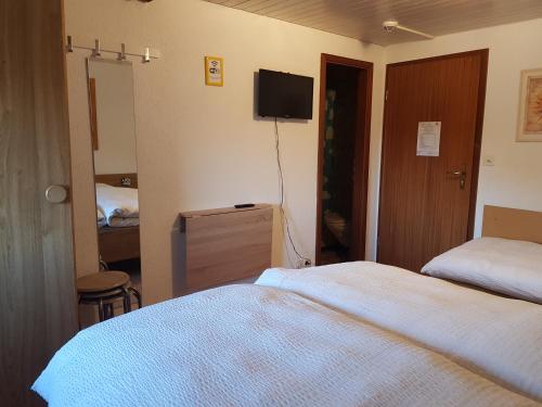 a bedroom with two beds and a tv on the wall at Garni-Hotel Mühletal in Stein am Rhein