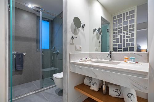 a bathroom with a sink and a shower and a toilet at Glyfada Riviera Hotel in Athens