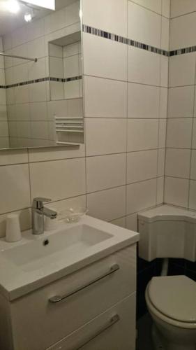 une salle de bain blanche avec un lavabo et des toilettes dans l'établissement Gites-Weyer La maison, à Bergheim