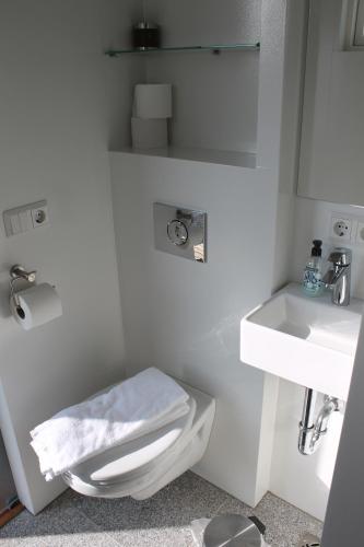 een witte badkamer met een toilet en een wastafel bij Holssel road 864 in Myvatn