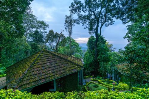 a house with a tile roof in a forest at The Tall Trees in Munnar