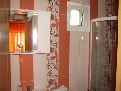 a bathroom with a shower and a sink and a mirror at Pension Crizantema in Vatra Moldoviţei