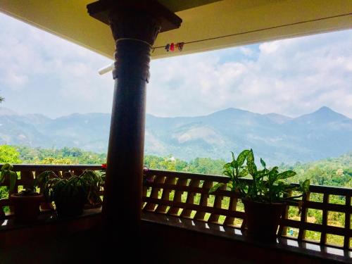 a view of mountains from a balcony with potted plants at Zenha Resorts in Munnar