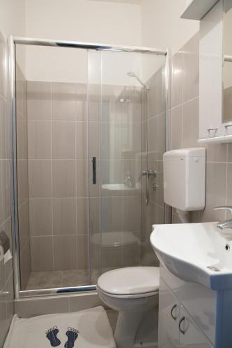 a bathroom with a shower and a toilet and a sink at Apartments Kuca Aleksic in Niš