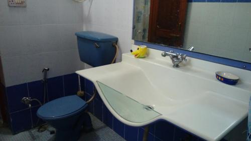 a bathroom with a blue toilet and a sink at Aadhaar in Lucknow