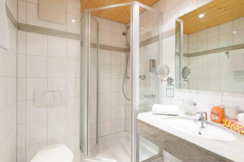 a bathroom with a shower and a sink and a toilet at Hotel Blume in Freiburg im Breisgau