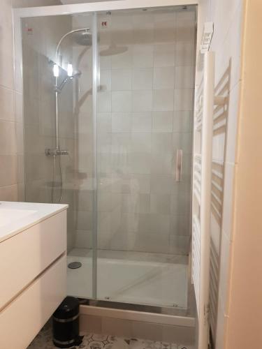 a shower with a glass door in a bathroom at Appartement de 2 chambres au Centre de Cergy in Cergy