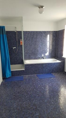 a bathroom with a tub and a blue tiled floor at Beautiful House in Zehlendorf in Berlin