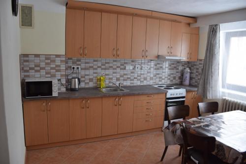 a kitchen with wooden cabinets and a sink and a table at Apartmány Kvasejovice in Sušetice