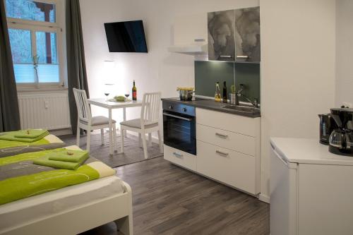 a kitchen and dining room with a table and a kitchen at Apartmenthaus Luise in Bad Schandau