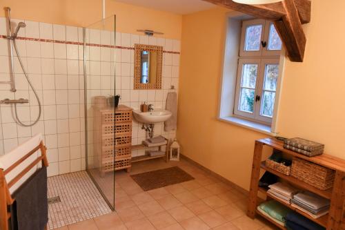 a bathroom with a shower and a sink at besinndich in Nebelin