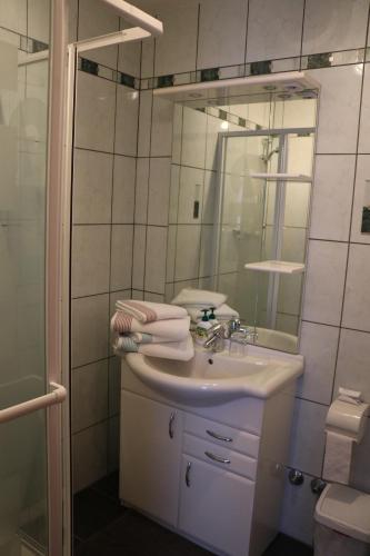 a bathroom with a sink and a shower and a mirror at Obermerkenbergerhof in Hofstetten