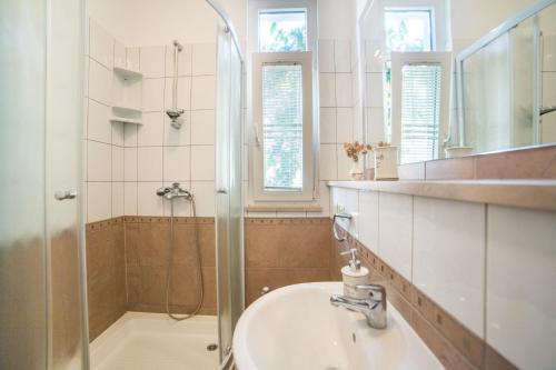 a bathroom with a shower and a sink and a tub at House Ljilja in Rogotin