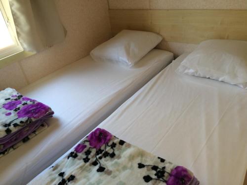 two beds in a small room with flowers on them at Camping Le Canoë in Chaussin