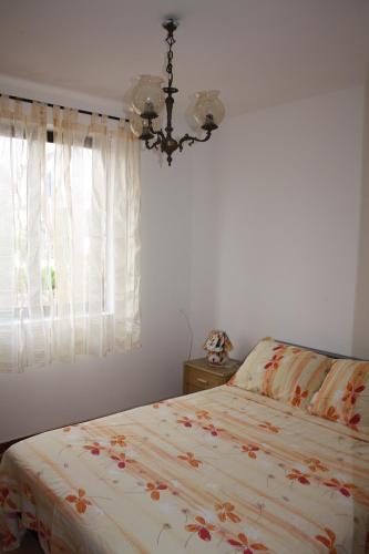 a bedroom with a bed and a chandelier and a window at Apartman Slavko in Zverinac