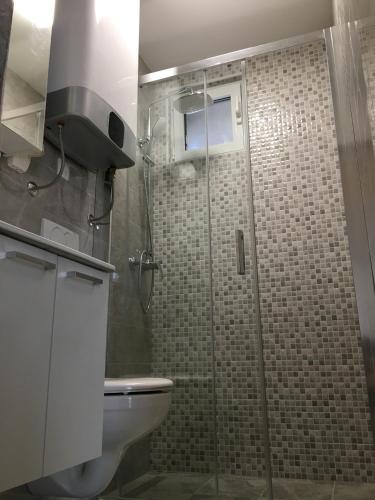 a bathroom with a glass shower with a toilet at Holiday Hvar in Vrbanj