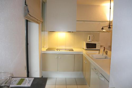 a small kitchen with a sink and a microwave at Le portail des Ardennes in Nassogne