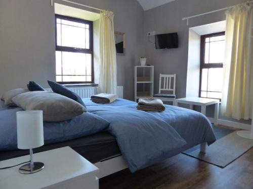 a bedroom with a blue bed and two windows at Garadice View Farm House in Ballinamore