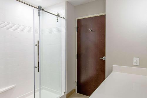 a shower with a glass door in a bathroom at Comfort Suites Humble Houston IAH in Humble